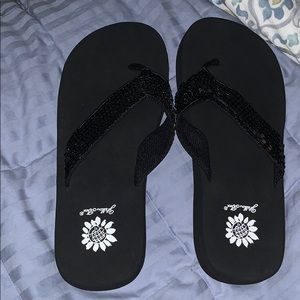Yellow box black sequin flip flops brand new
